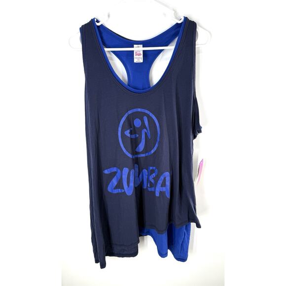 New Zumba Two Tone Long Loose Tank XXL Indigo Blue Athletic Gym - Picture 2 of 10